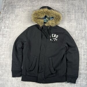 Aeropostale Jacket Womens Medium Black Faux Fur Hood Y2K Plaid Lined Zip Preppy